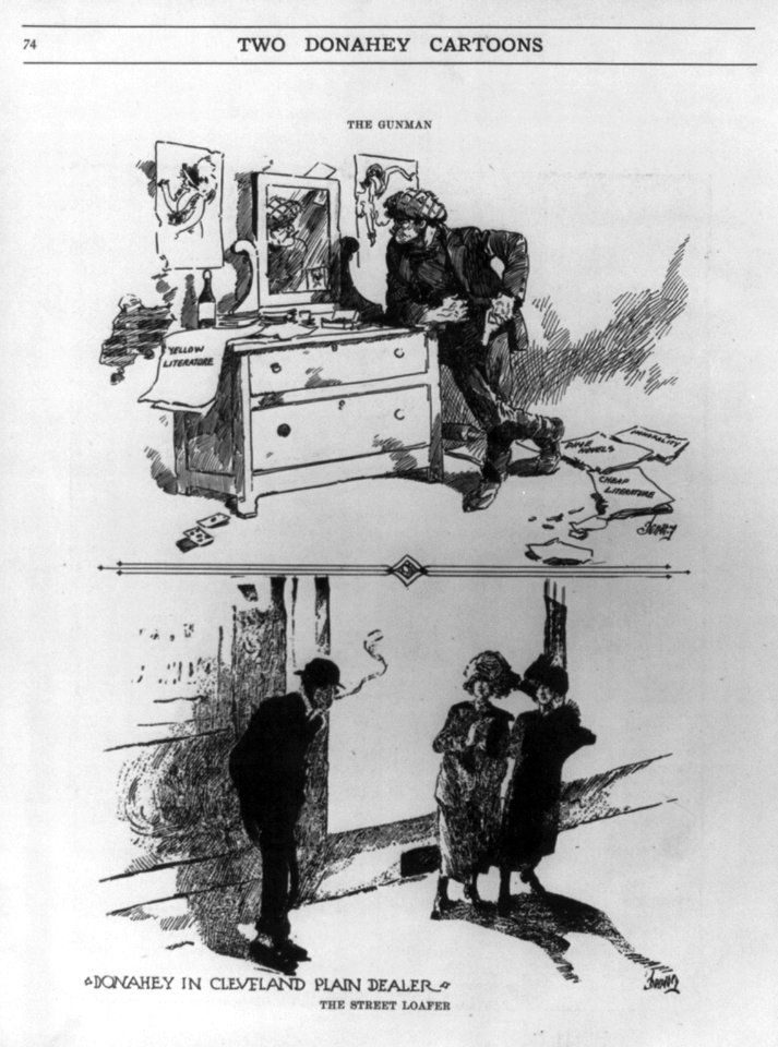 Two cartoons by Donahey orig. publ. in Cleveland Plain Dealer- (a) The Gunman. (youth with gun, looking tough into mirror flanked by girlie pictuers; dime novel, cheap lit. & yellow lit. LCCN2004679741