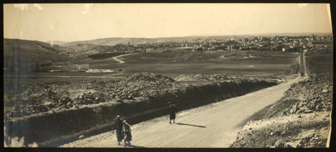 Two Arab men and a woman walking down a road, Jerusalem in background LCCN2008676359