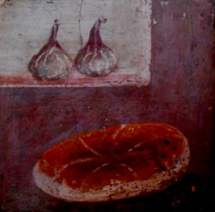 Two figs and a loaf of bread, the most modest and frugal of foods - wall painting from Herculaneum, buried by Vesuvius' eruption on 79 AD (38846553561)