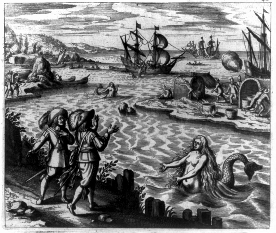 Two mermaids, men on island, ships and boats LCCN2002716105