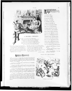 Two illustrations, one depicting couple lounging in front of fire place, another depicting Native Americans dancing or performing a ceremony and carrying weapons, one drinks from a bottle LCCN92522098
