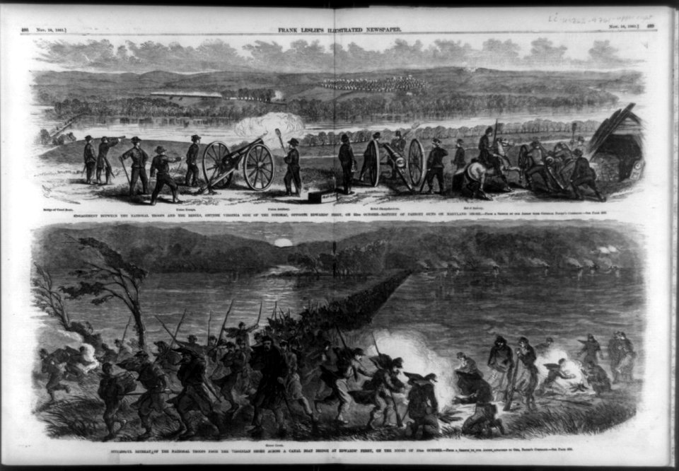 Two illustrations- 1. Engagement between the National troops and the Rebels, on the Virginia side of the Potomac, opposite Edward's Ferry, on 22nd October - battery of parrott guns on LCCN96525293