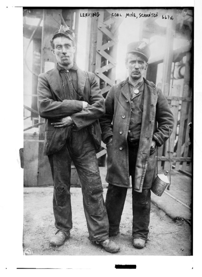 Two miners ready to leave entrance of coal mine near Scranton, PA. LCCN2014683200