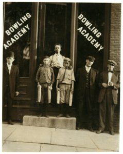 Two of the 'pin boys' working in Bowling Academy with 3 other small boys until 10 or 11 P.M. some nights. Burlington,. LOC nclc.03374