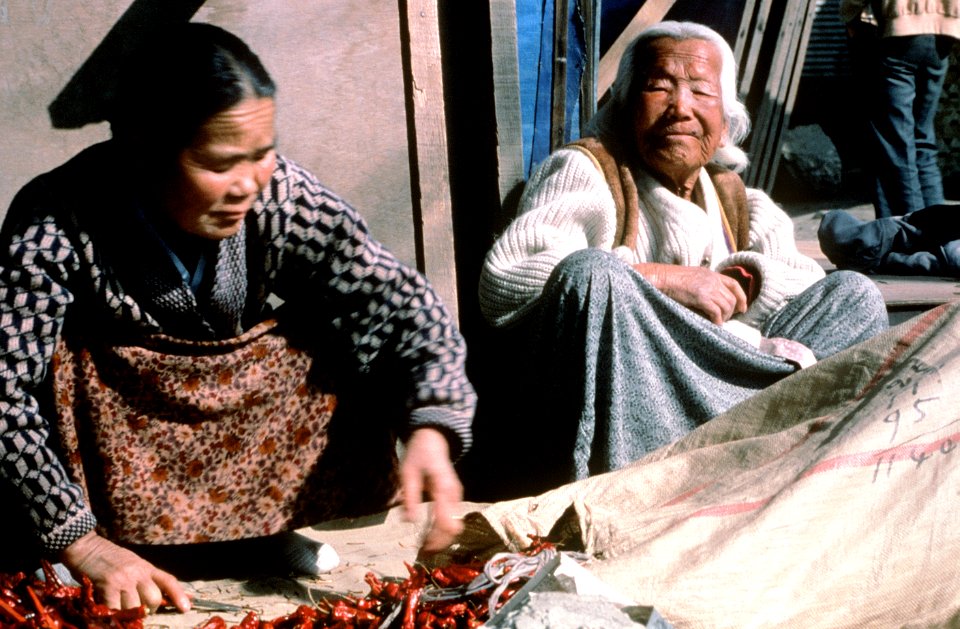 Two Korean women sell hot peppers in the village market outside the Republic of Korea marine base DM-ST-83-08418