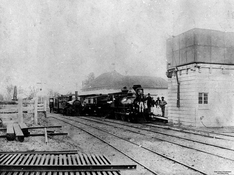 Two steam engines at Grandchester, Queensland, Railway Station, around 1884