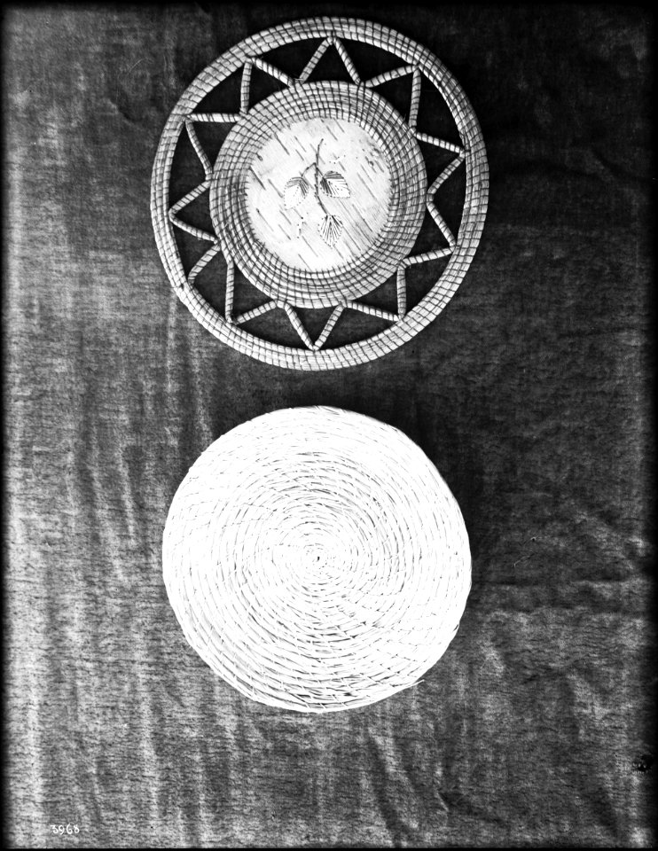 Two unidentified Indian baskets on display, ca.1900 (CHS-3968)