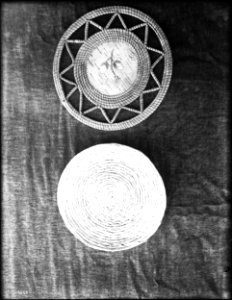 Two unidentified Indian baskets on display, ca.1900 (CHS-3968)