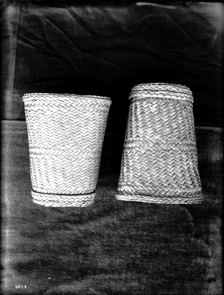 Two unidentified Indian baskets on display, ca.1900 (CHS-3958)