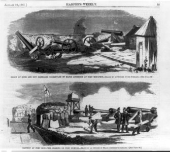 Two views- Group of guns and gun carriages dismantled by Major Anderson at Fort Moultire; Battery at Fort Moultrie, bearing on Fort Sumter LCCN2004676931