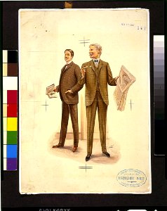 Two well-dressed men standing, one holding newspaper and eyeglasses, the other holding a book LCCN95514594