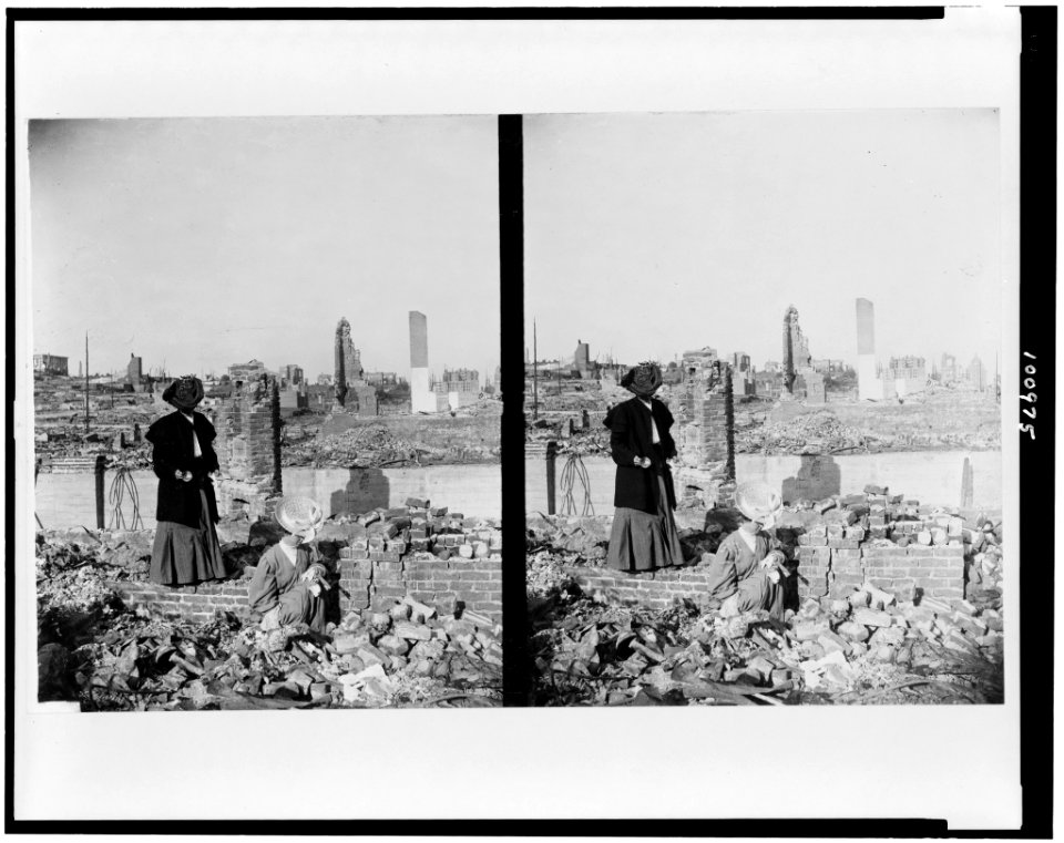 Two women amidst bricks and rubble after San Francisco earthquake and fire, 1906 LCCN90715857
