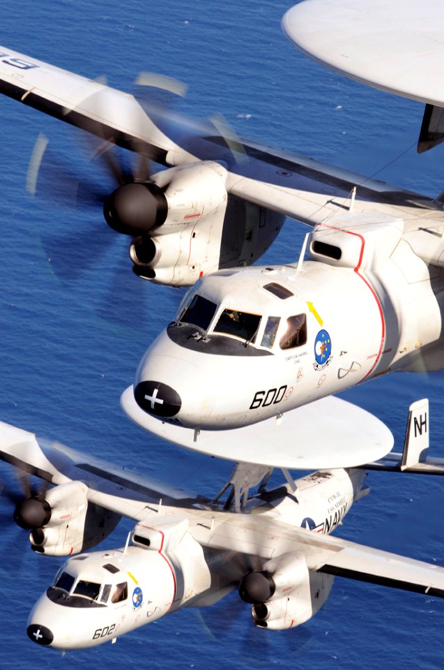 Two U.S. Navy E-2C Hawkeye aircraft assigned to Carrier Airborne Early Warning Squadron 117 fly in formation over the Pacific Ocean near Ventura, Calif., Nov. 20, 2012
