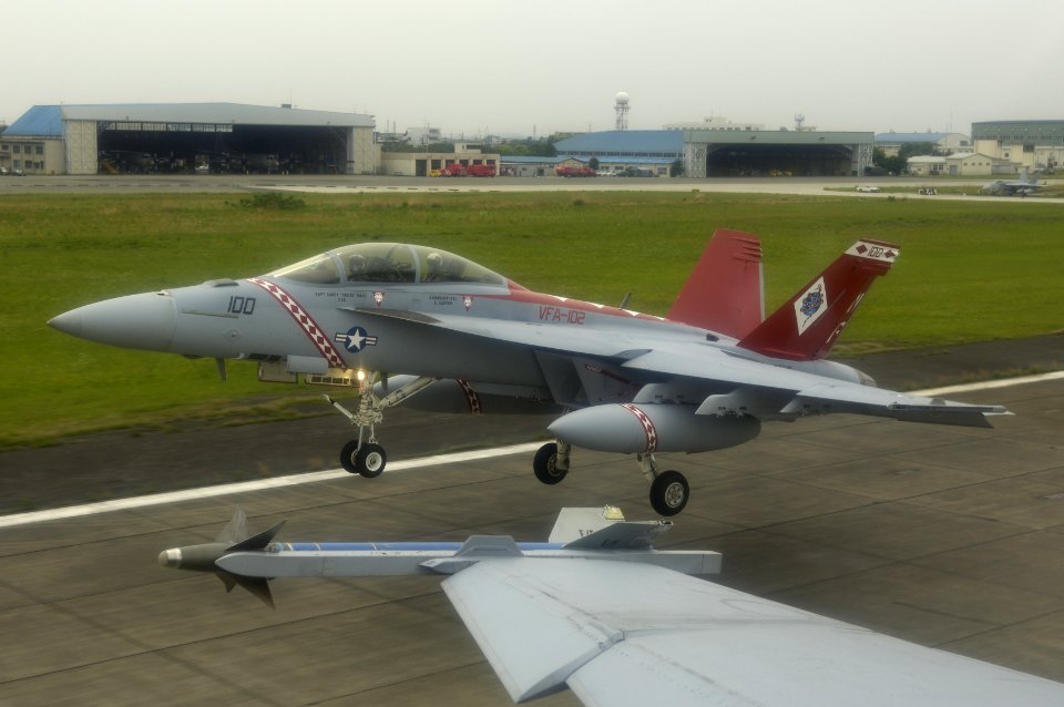 Two U.S. Navy F-A-18F Super Hornets from strike fighter squadron VFA-102 Diamondbacks taking off from NAF Atsugi, Japan