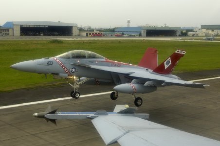 Two U.S. Navy F-A-18F Super Hornets from strike fighter squadron VFA-102 Diamondbacks taking off from NAF Atsugi, Japan