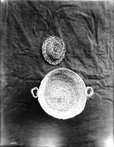 Two unidentified Indian baskets on display, ca.1900 (CHS-3959)