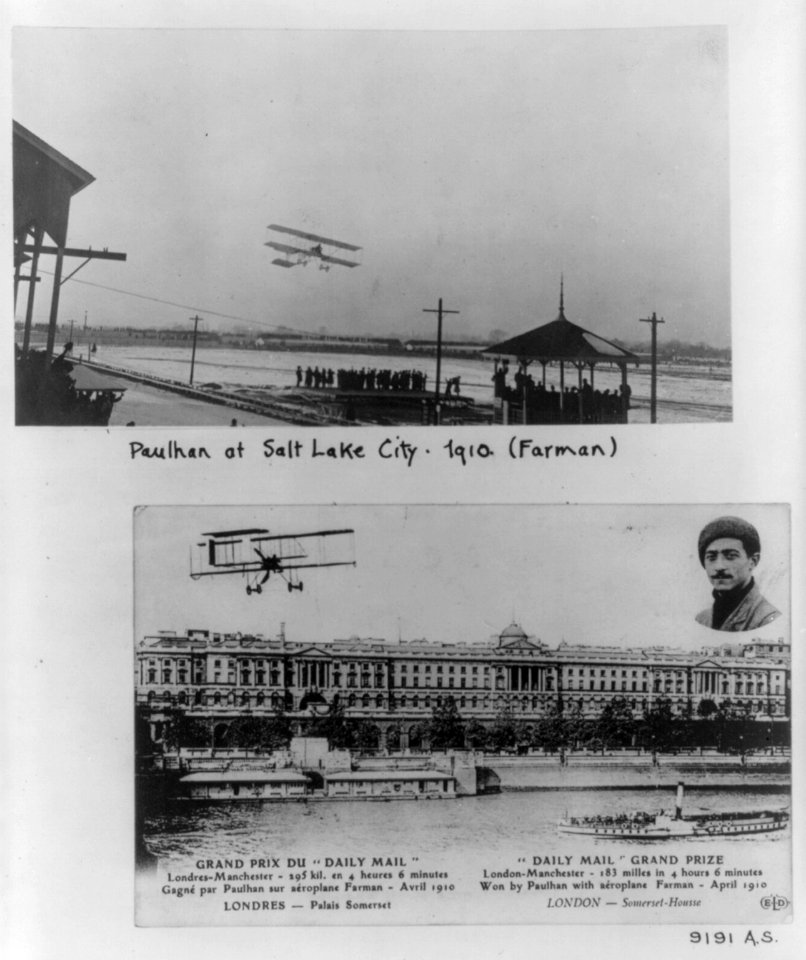 Two scenes of Louis Paulhan flying Farman biplane - over Salt lake City fairgrounds, 1910; over Somerset House and Thames River, London, 1910 (in Daily Mail contest to fly between London and LCCN2001705765