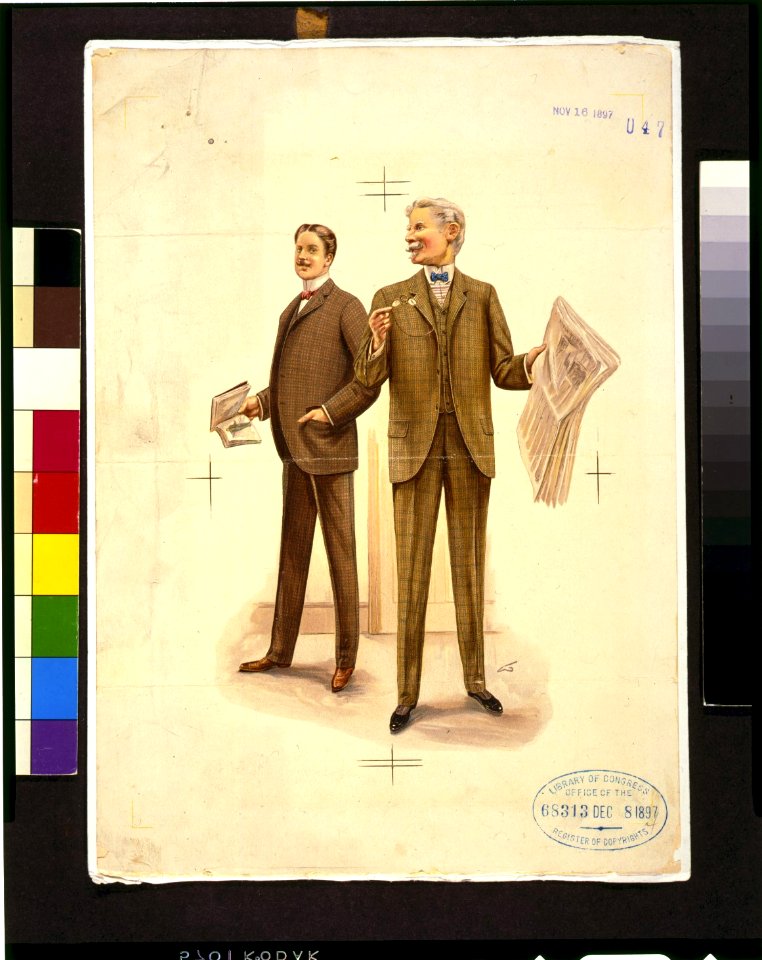 Two well-dressed men standing, one holding newspaper and eyeglasses, the other holding a book LCCN95514594