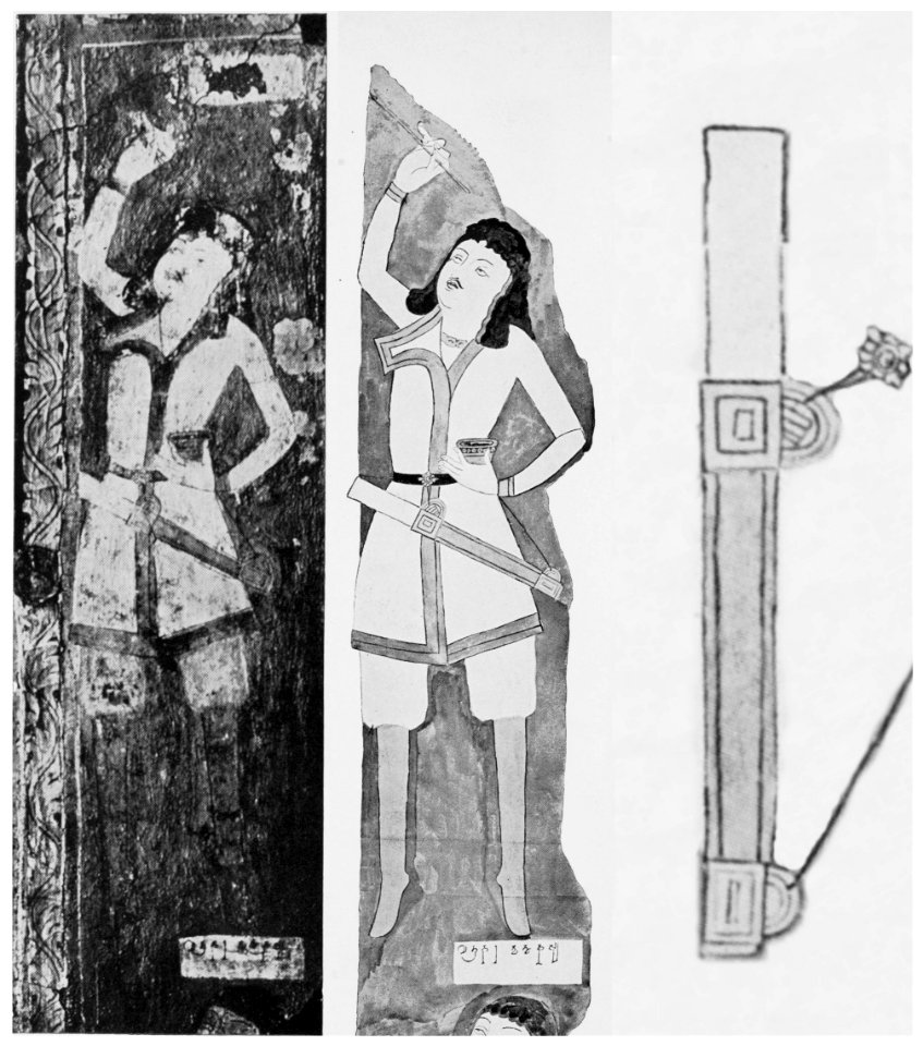 Two-straps suspension dagger worn by the standing painter in the Cave of the Painters, Kizil Caves