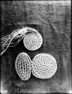 Two unidentified Indian baskets on display, ca.1900 (CHS-3969)