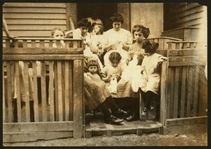 Typical group of Home Workers crocheting on steps, 16 South Street, Somerville, Mass. LOC nclc.04255