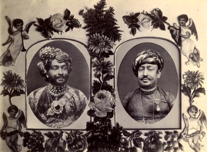 Two vignettes in a floral border, H.H. Rasulkhanji, KCSI, Nawab of Junagadh and Baha'ud'dinbhai Hasainbhai, CIE, Vazier, Junagadh