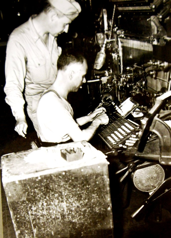 Typesetting newspaper during Operation Husky, Sicily, Italy, 1943 (24479538501)