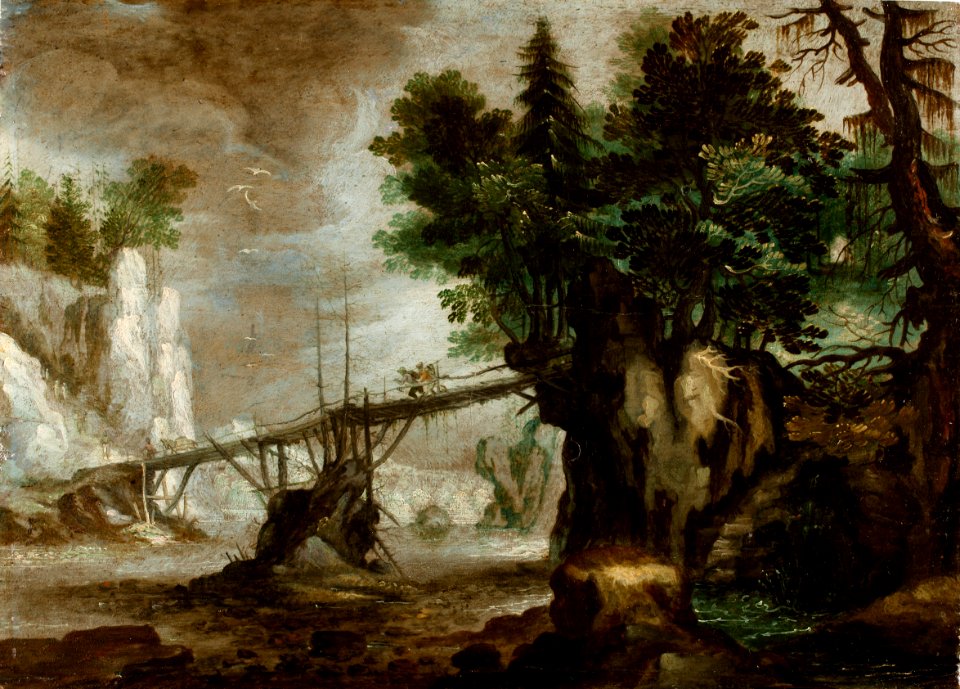 Tyrolskt bergslandskap med bro och bäckravin, från cirka 1608-09 - Skoklosters slott - 97187
