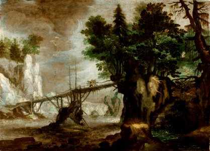 Tyrolskt bergslandskap med bro och bäckravin, från cirka 1608-09 - Skoklosters slott - 97187