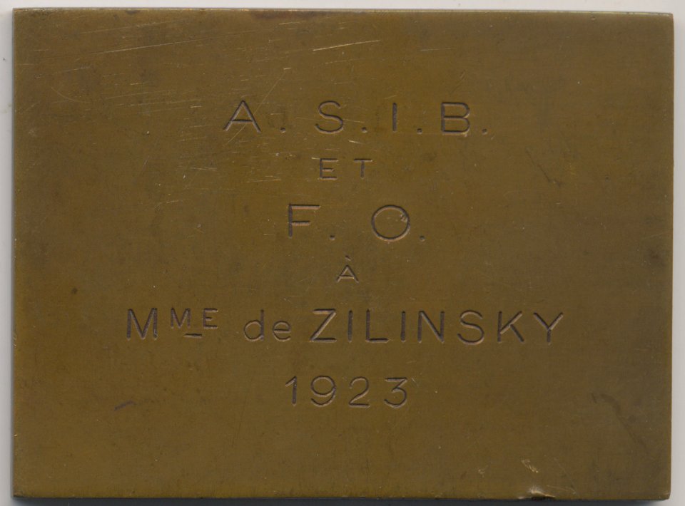 Témoignage de Gratitude à Mme De Zilinsky, plaquette by Jacques Marin (1877-1950), Belgium, 1919, Coins and Medals Department of the Royal Library of Belgium, 2M370 - 12 (verso)
