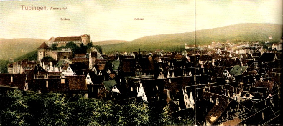 Tübingen. Blick vom Turm der Stiftskirche nach Westen und Norden (Panorama-AK H Sting 1907 links TPk070)