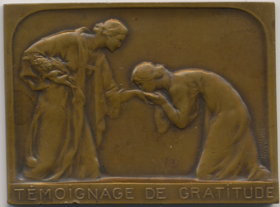 Témoignage de Gratitude à Mme De Zilinsky, plaquette by Jacques Marin (1877-1950), Belgium, 1919, Coins and Medals Department of the Royal Library of Belgium, 2M370 - 12 (recto)