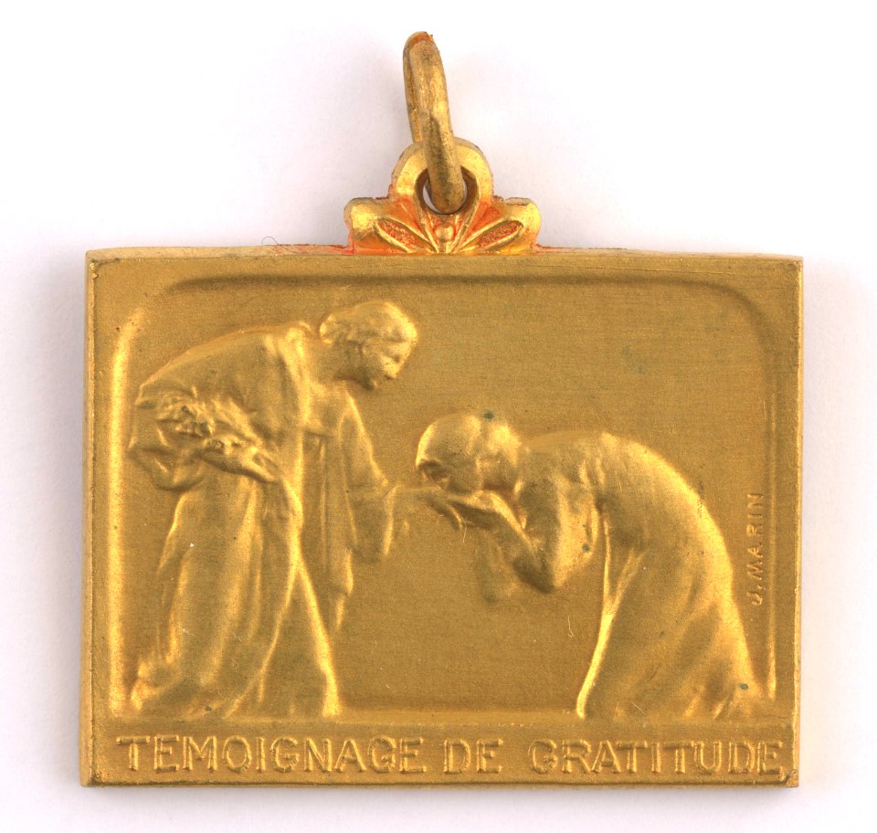 Témoignage de Gratitude, plaquette by Jacques Marin (1877-1950), Belgium, 1919, Coins and Medals Department of the Royal Library of Belgium, 2Lef87-28 (recto)