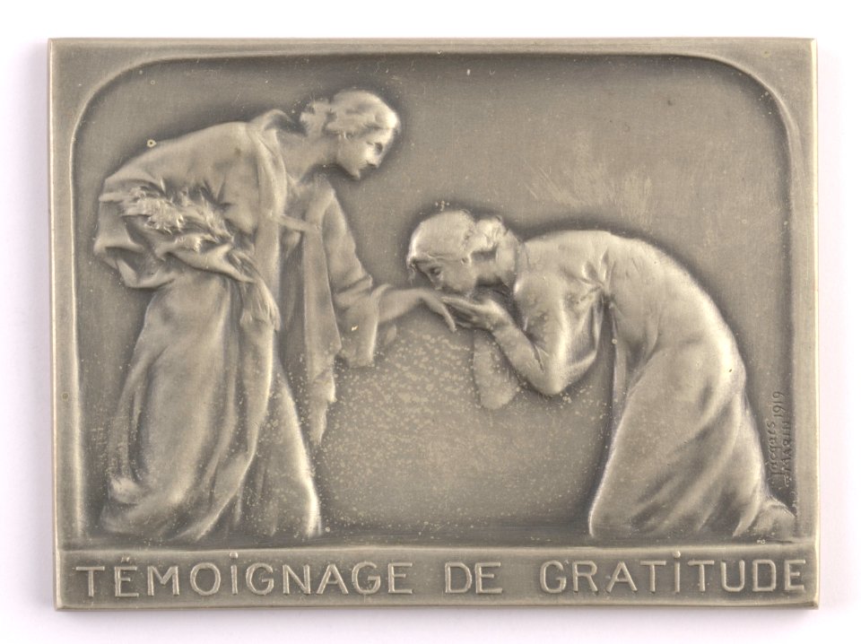 Témoignage de Gratitude, plaquette by Jacques Marin (1877-1950), Belgium, 1919, Coins and Medals Department of the Royal Library of Belgium, 2Lef87-27 (recto)