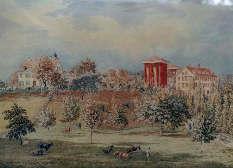 Türkischrotfärberei und -Druckerei J.J.Kelly, Mettendorf, Gossau SG, Aquarell von Elisabeth Kelly, um 1850
