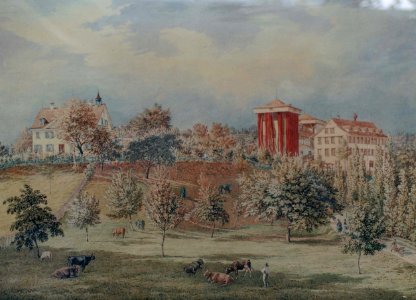 Türkischrotfärberei und -Druckerei J.J.Kelly, Mettendorf, Gossau SG, Aquarell von Elisabeth Kelly, um 1850
