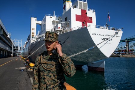 U.S. Marines with V14 support the USNS Mercy (T-AH 19) COVID-19 Response Effort Deployment (49754260496)