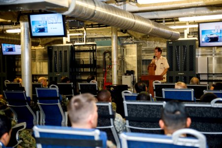 U.S. Ambassador to Honduras James D. Nealon delivers remarks to U.S. and Honduran government and military officials during a tour of the joint high speed vessel USNS Spearhead (JHSV 1) in Puerto Castilla 140901-N-XQ474-004