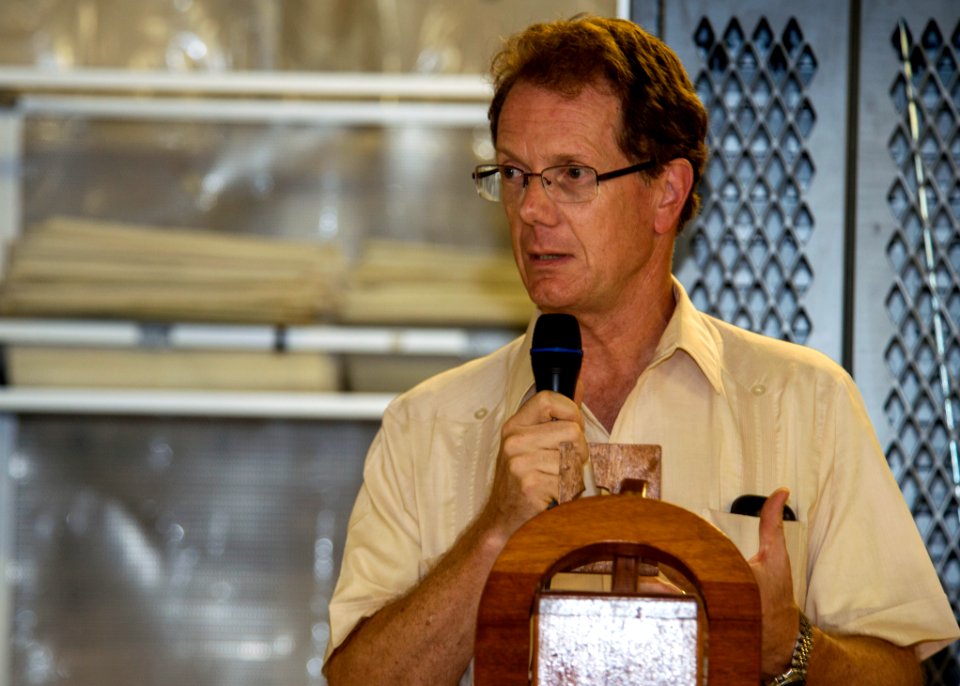 U.S. Ambassador to Honduras James D. Nealon delivers remarks to U.S. and Honduran government and military officials during a tour of the joint high speed vessel USNS Spearhead (JHSV 1) in Puerto Castilla 140901-N-XQ474-005