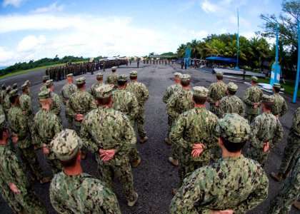 U.S. and Guatemalan service members attend a closing ceremony at the Guatemalan Marine Brigade base in Puerto Barrios, Guatemala, Aug. 22, 2014, as part of Southern Partnership Station (SPS) 2014 140822-N-XQ474-142