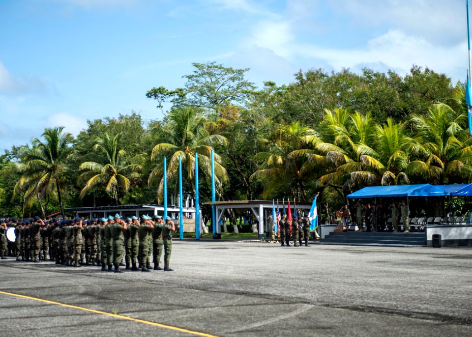 U.S. and Guatemalan service members attend a closing ceremony at the Guatemalan Marine Brigade base in Puerto Barrios, Guatemala, Aug. 22, 2014, as part of Southern Partnership Station (SPS) 2014 140822-N-XQ474-095