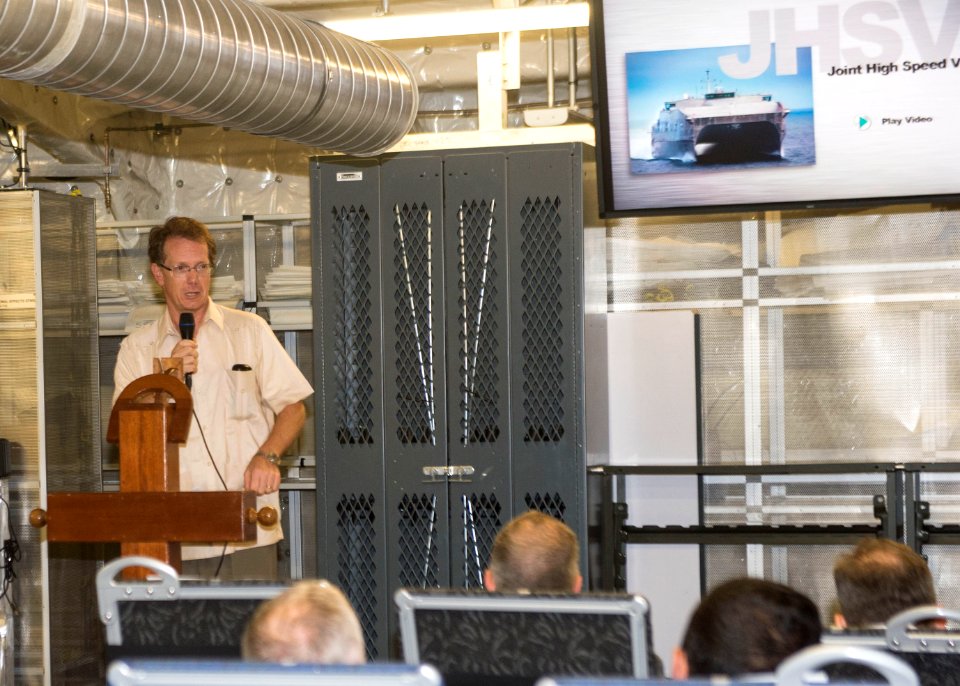 U.S. Ambassador to Honduras James D. Nealon delivers remarks to U.S. and Honduran government and military officials during a tour of the joint high speed vessel USNS Spearhead (JHSV 1) in Puerto Castilla 140901-N-QY430-154
