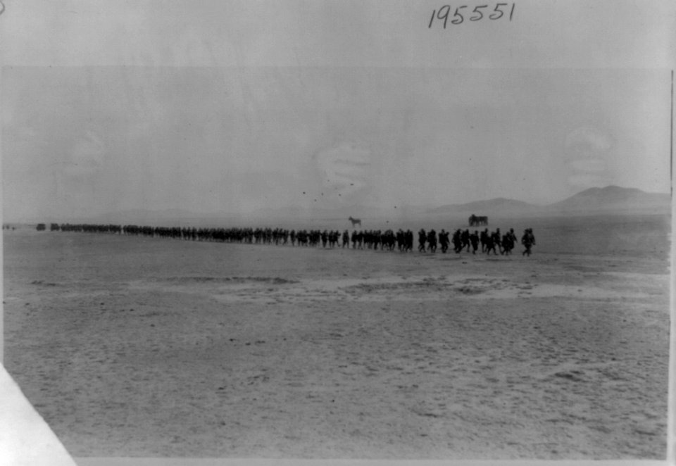 U.S. Army Punitive Expedition after Villa, 1916, near Namiquipa, Mexico- Companies D, E, F, G and H of the 6th Infantry after a six days hike arriving in camp LCCN2002718573