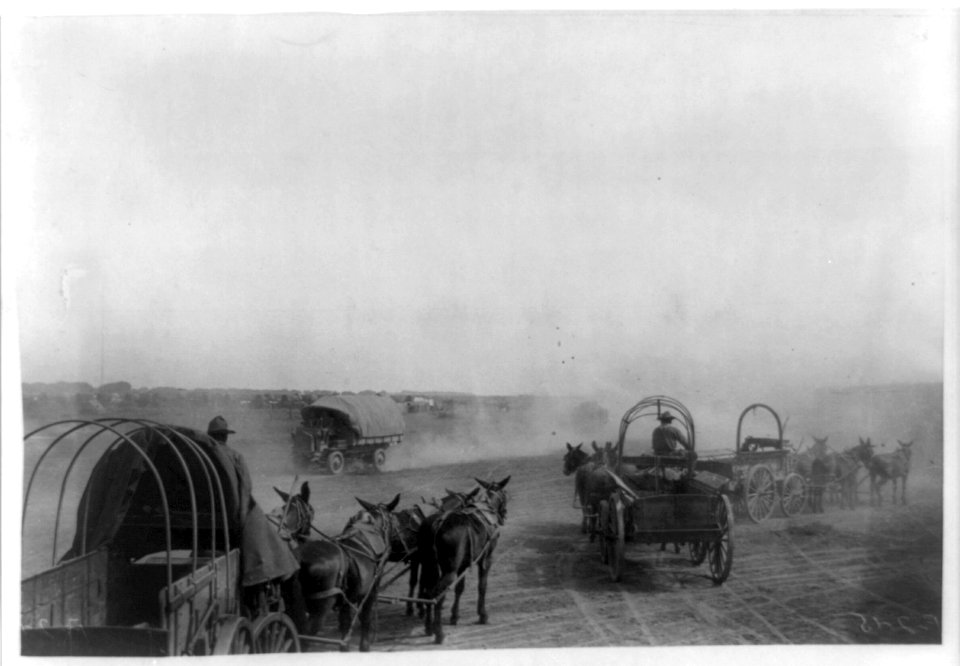 U.S. Army Punitive Expedition after Villa, Colonia Dublan, Mexico, 1916. American Headquarters- Truck and 3 wagons in foregrd. LCCN2002718569