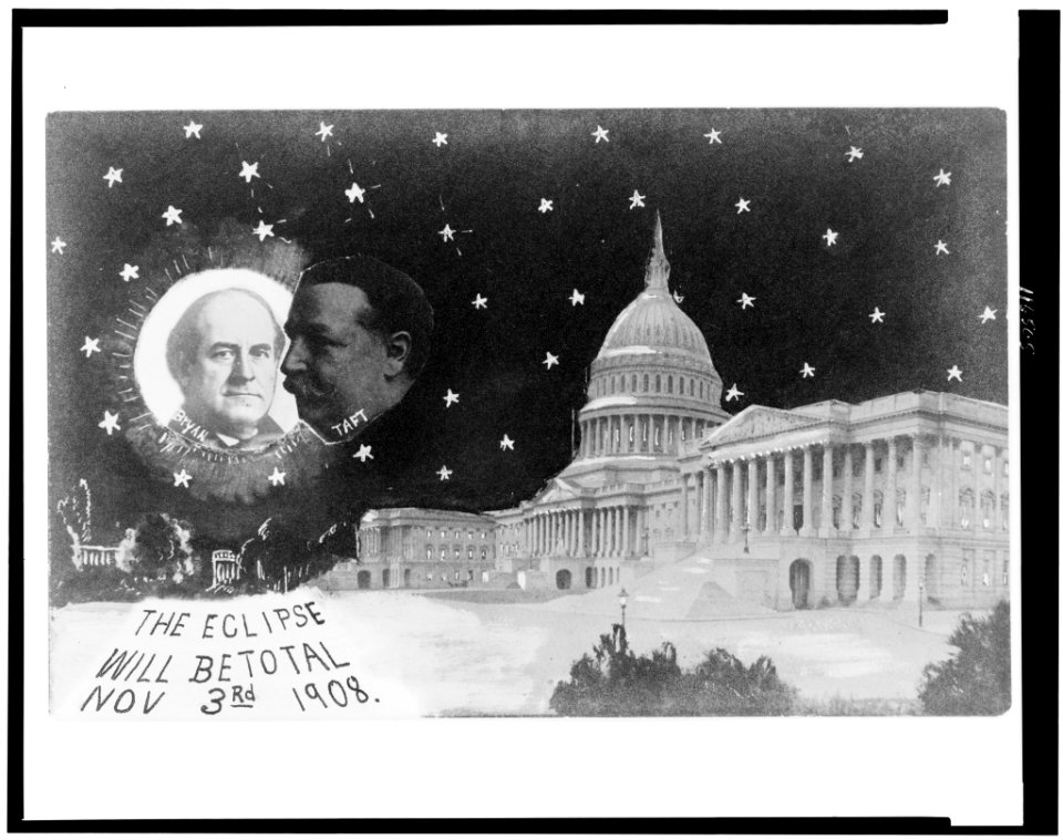 U.S. Capitol at night with stars, Taft as moon, about to eclipse William Jennings Bryan as sun LCCN96512077