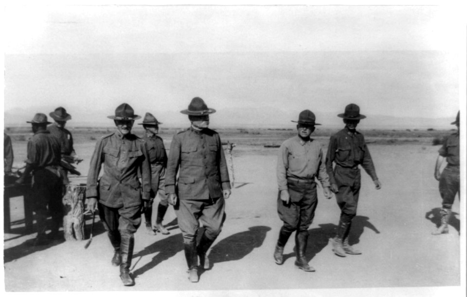 U.S. Army Punitive Expedition after Villa, Mexico- General Pershing and General Bliss inspecting the camp, with Colonel Winn, Commander of the 24th Infantry LCCN2002718585
