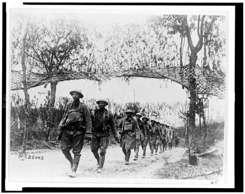 U.S. Army Infantry troops, African American unit, marching northwest of Verdun, France, in World War I LCCN96510701