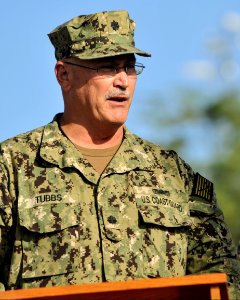 U.S. Coast Guard Cmdr. Alan Tubbs, the officer in charge of Coastal Riverine Squadron 1 (Forward), delivers remarks during a transfer of authority ceremony Jan. 17, 2014, at Camp Lemonnier, Djibouti 140117-N-LE393-160