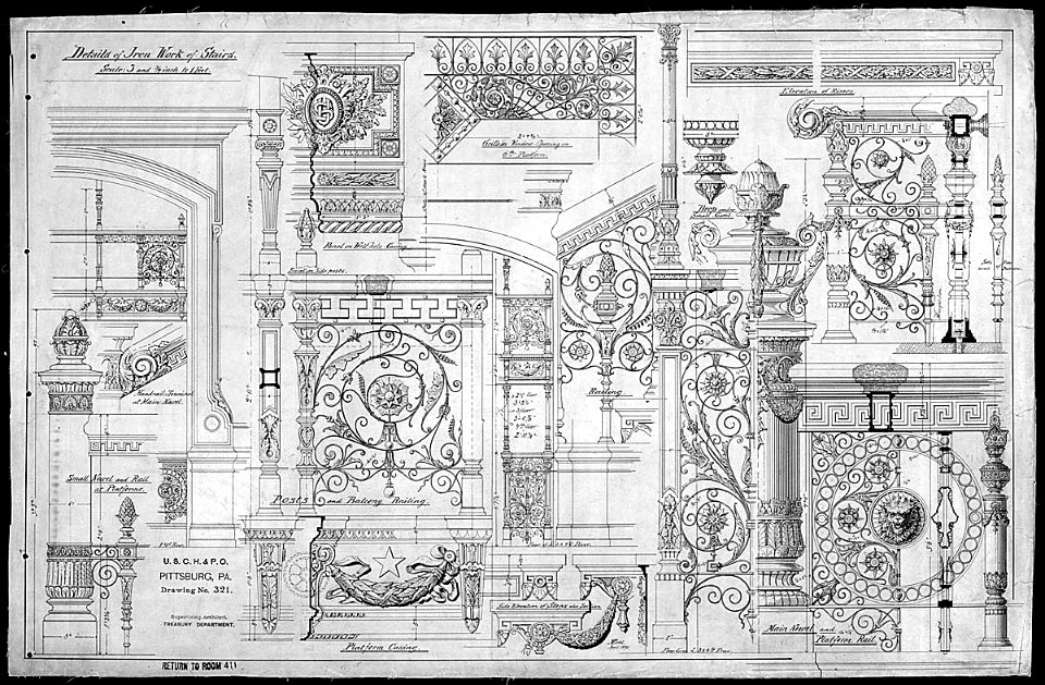 U.S. Courthouse and Post Office, Pittsburgh, Detail of Ironwork for Stairs - NARA - 305861