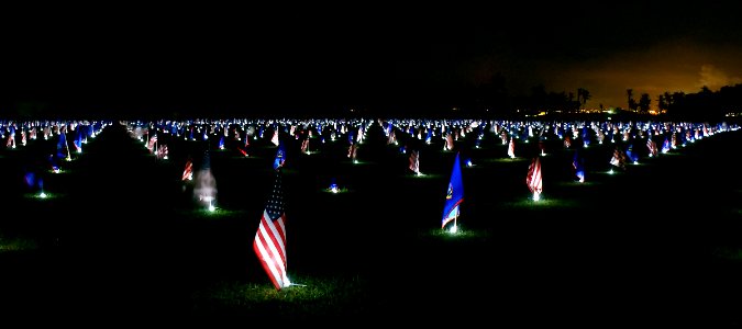 U.S. flags on Memorial Day night in Asan Park, Guam (cropped)